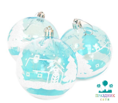 ЕЛОЧНОЕ украшение шар голубой прозрачный с рисунком d=8 см (6 шт./уп.)