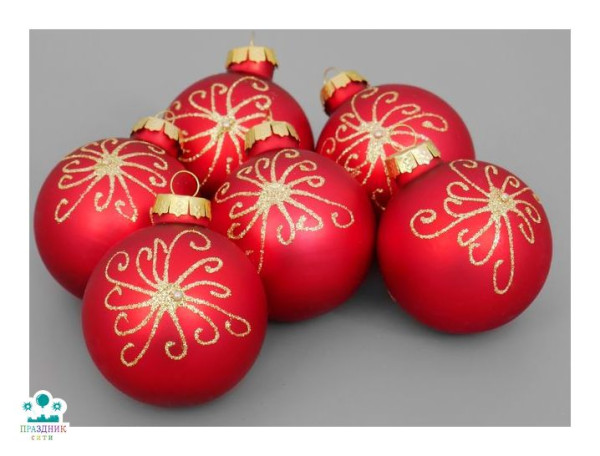 ЕЛОЧНОЕ украшение шар красный "Вензеля" стекло 6 см (6 шт./уп.)