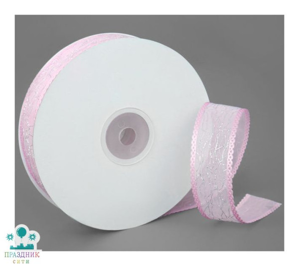 ЛЕНТА декор 2,5 см с серебряной нитью, розовая