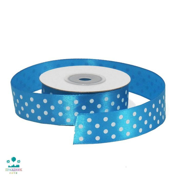 ЛЕНТА атлас 2 см Мелкий горох на голубом