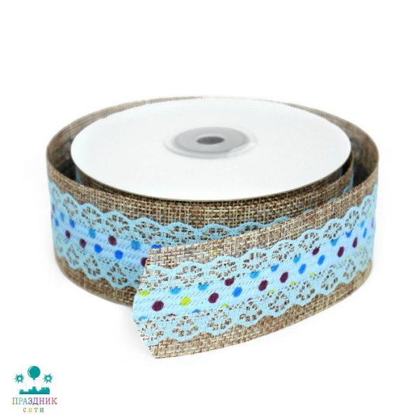 ЛЕНТА джут 5,0 см с голубым кружевом
