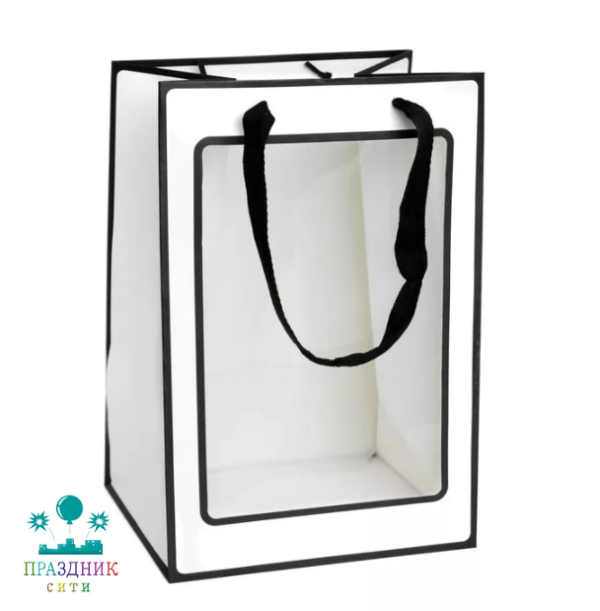 СУМКА - КАШПО КАРТОН С РУЧКАМИ 35Х25Х18СМ, С ОКНОМ, БЕЛАЯ