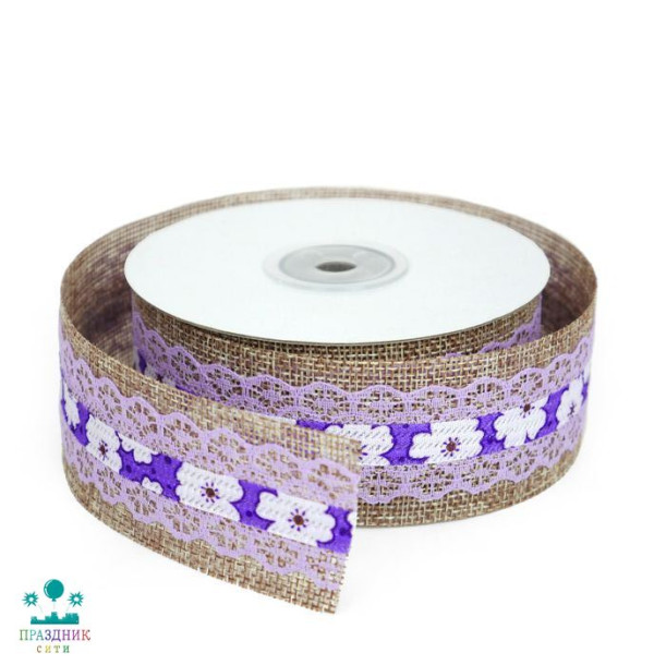 ЛЕНТА джут 5,0 см с сиреневым кружевом