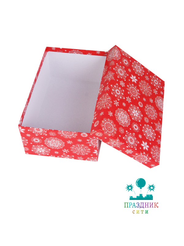 КОРОБКА с наполнителем Снежинки на красном прямоугольник 30,5 х 20 х 13 см