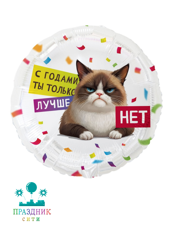 ШАР (Фольга) К 18 in РУС С ГОДАМИ ТЫ ЛУЧШЕ Кот Сердитый