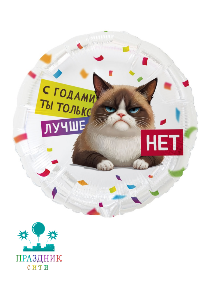 ШАР (Фольга) К 18 in РУС С ГОДАМИ ТЫ ЛУЧШЕ Кот Сердитый