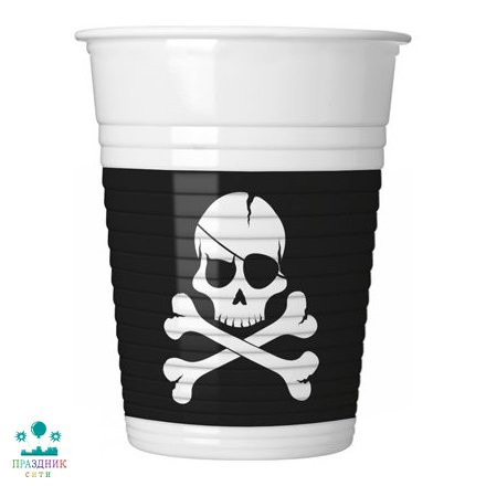 СТАКАН Череп Пирата черн пласт 8шт